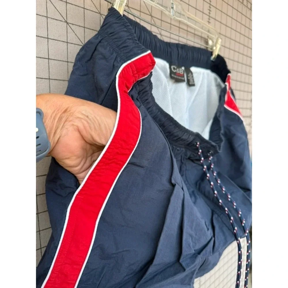 C&B Mens Swim Trunks Navy Blue Red Side Stripe Large